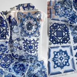 Checkered Pattern Blue and White Porcelain Three-dimensional Embroidery Fabric Semi Transparent Dress Home Curtain Fabric