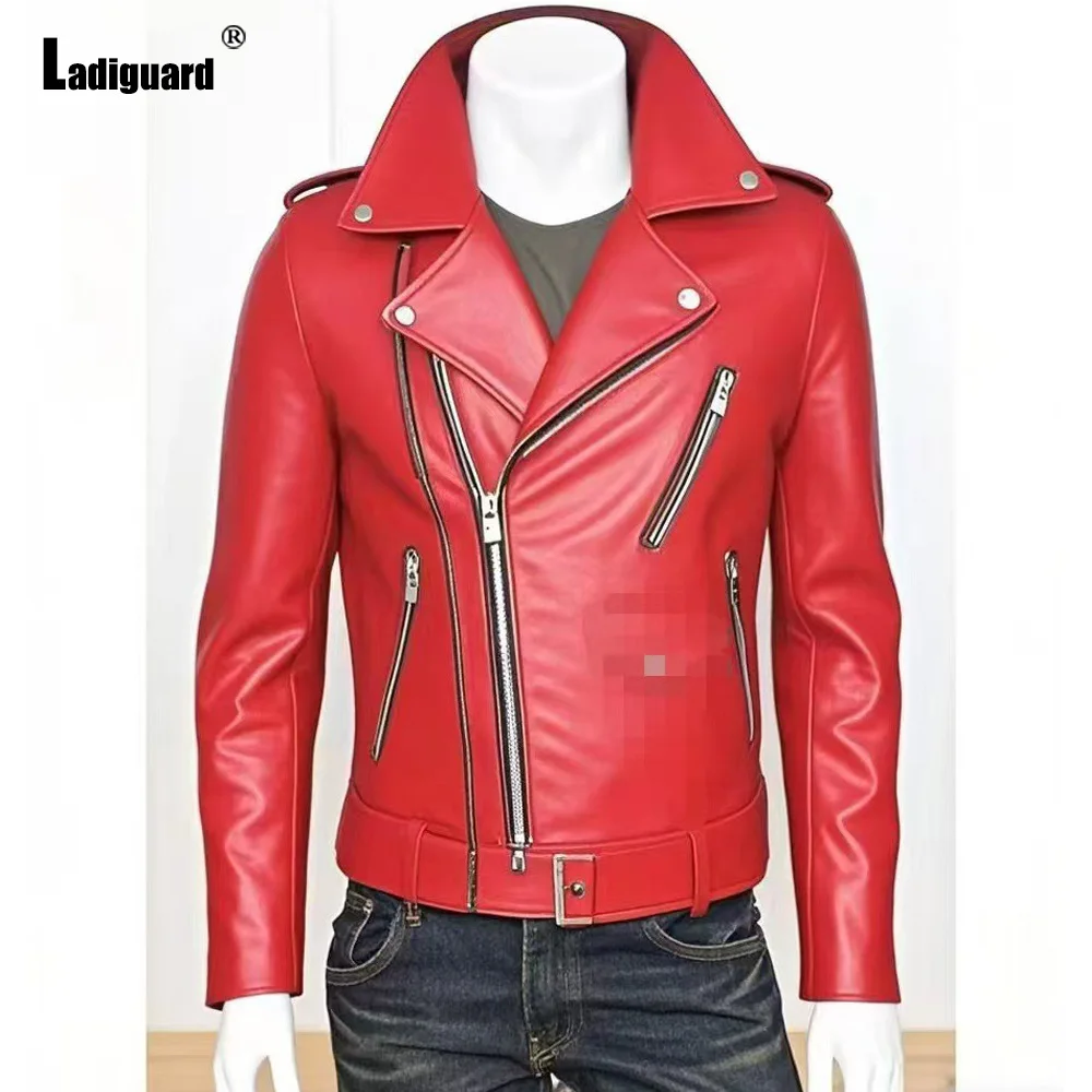 

Plus Size Mens Fashion Rock Style PU Leather Jackets Sexy Multi-zippers Grunge Faux Leather Motorcycle Jacket Outerwear Red Blue