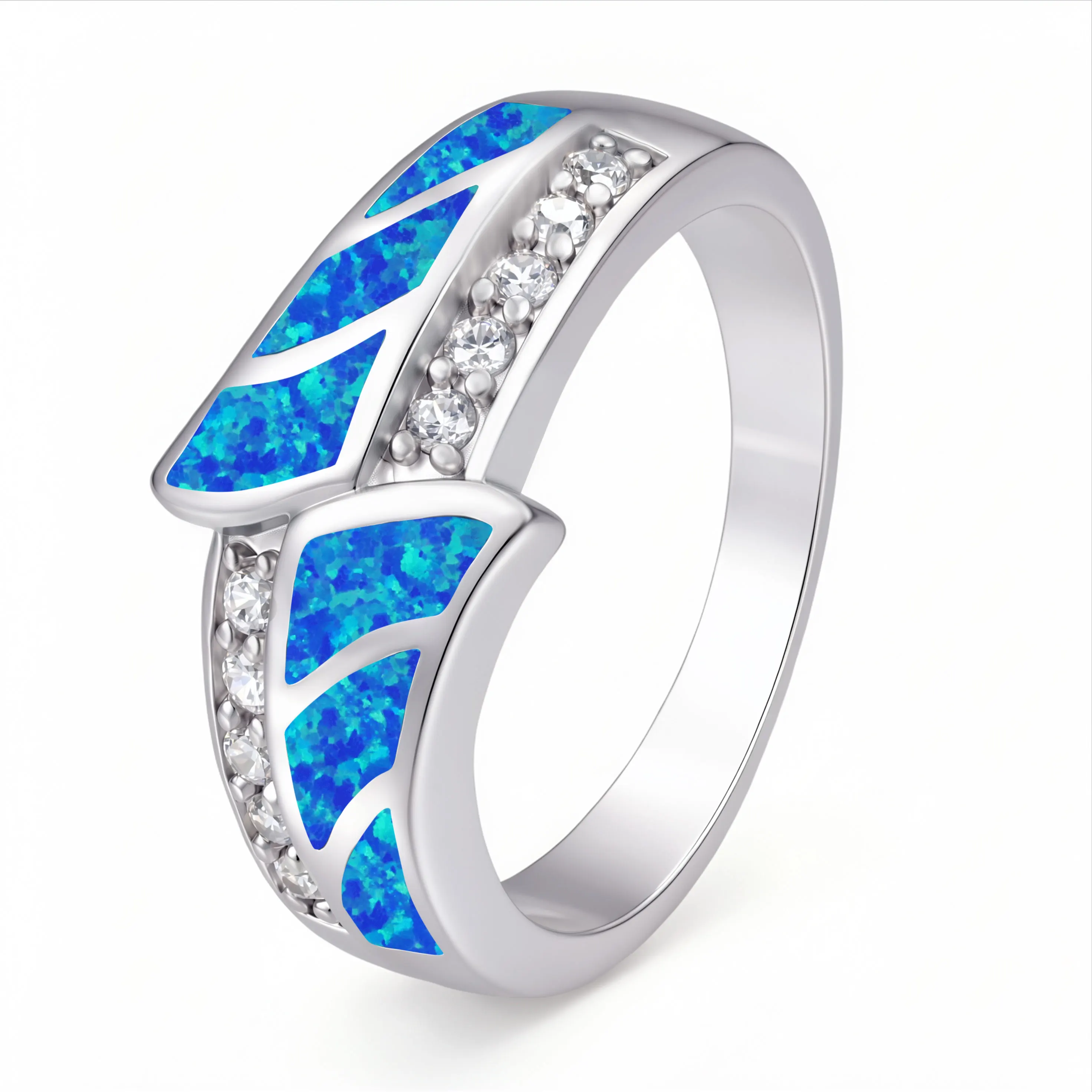Elegant Twisted Leaf Wrap Band Ring with Multi Segment Blue Opal for Women Stylish Botanical Design for Daily Wear Party Gift
