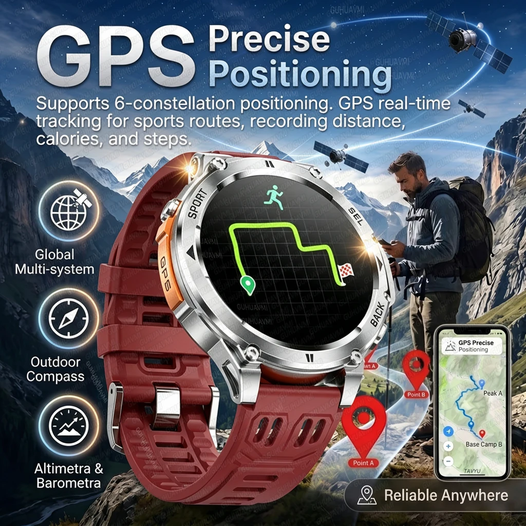 2026 New GPS Outdoor Sports Smart Watch For Men IP68 Waterproof Compass Altimeter Flashlight BT Call Fitness tracker Smartwatch