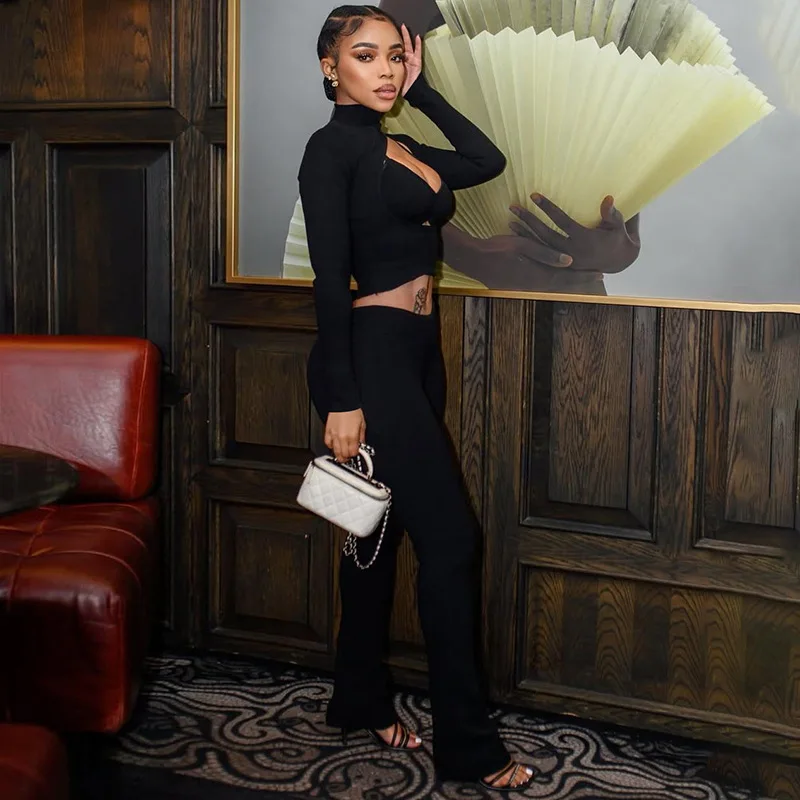 

Slim 2 Piece Set Tracksuits Hollow Out Turtleneck Long Sleeve Crop Tops + Camis + Pencil Pants Women Fashion Streetwear Suits