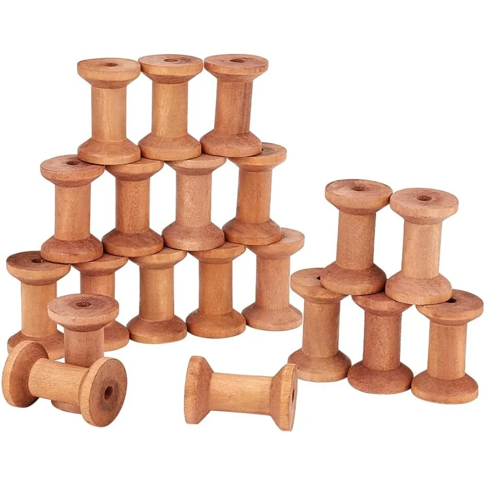 20pcs 1.4x2 Inch Wooden Empty Spools Sienna Empty Thread Spools Large Wood Empty Bobbins Natural Wire Weaving Bobbins