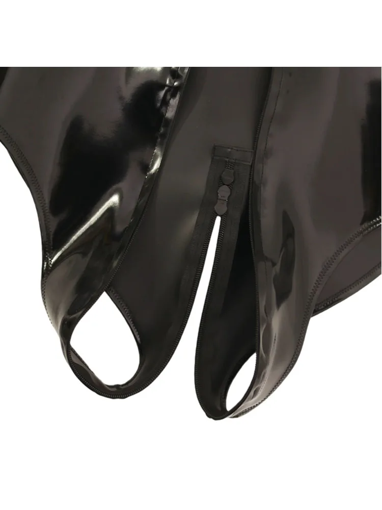 S-4XL Double Sided PU Leather Long Sleeve Shirt Top Wet Look PVC Zipper Crotch Bodysuit Tights Leotard Stage Performance Teddies view 5