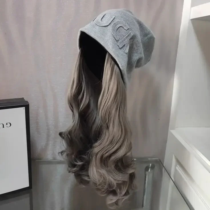 Brown Wig with Gray Hat Long Wavy Hair 26inch Curly Wig Synthetic for Winter Headband Wig for Women High Quality Natural 가발