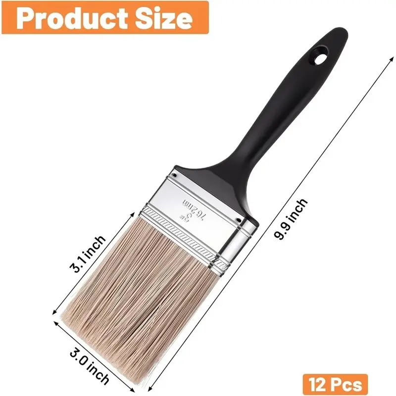 [NEWA76K!】 Professional DIY Painting Tool 12 Pack 3 Inch Flat Paint Brush Set With Black Plastic Handles, Paint Brushes For Wall