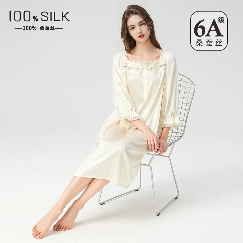 Summer New Women 100% Mulberry Silk Nightgown French Square Neck Puff Sleeve Loose Princess Dress Luxury Home Loungewear view 3