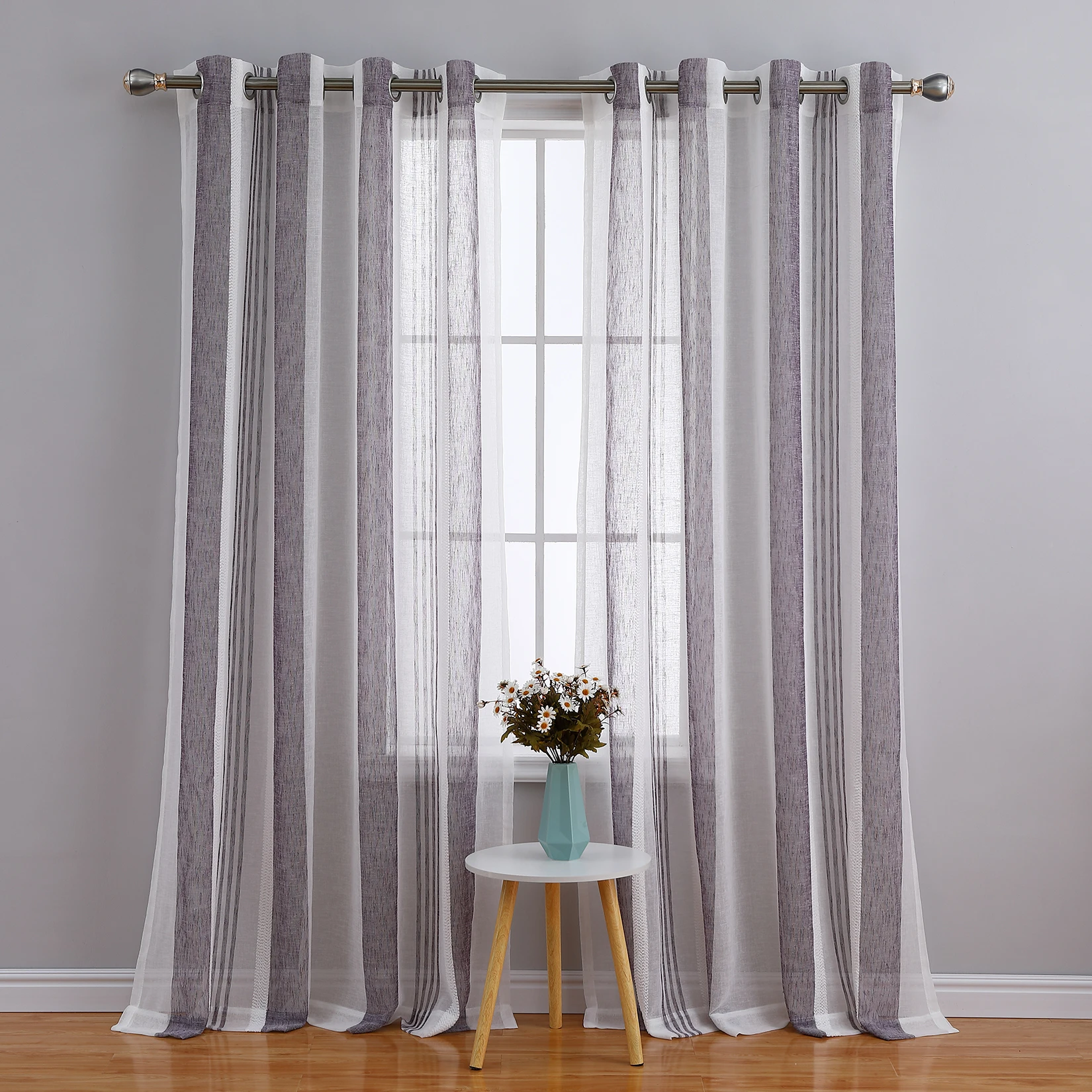 

Sheer Curtains 95 Inches Long for Living Room Bedroom, Bathroom Curtain Window Grommet Voile Drapes, Stripe Farmhouse Curtains F