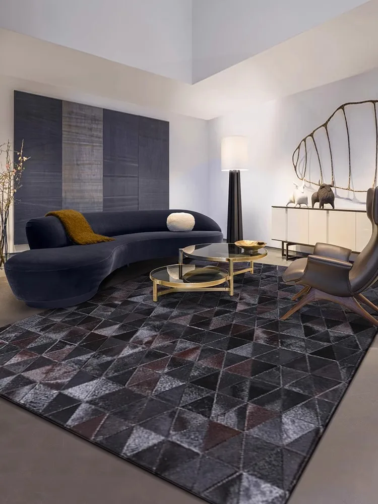 Black Real Cowhide Carpet Handmade Black Simple Area Rug American Bedroom Bedside Rugs Large Customize Living Room Carpet