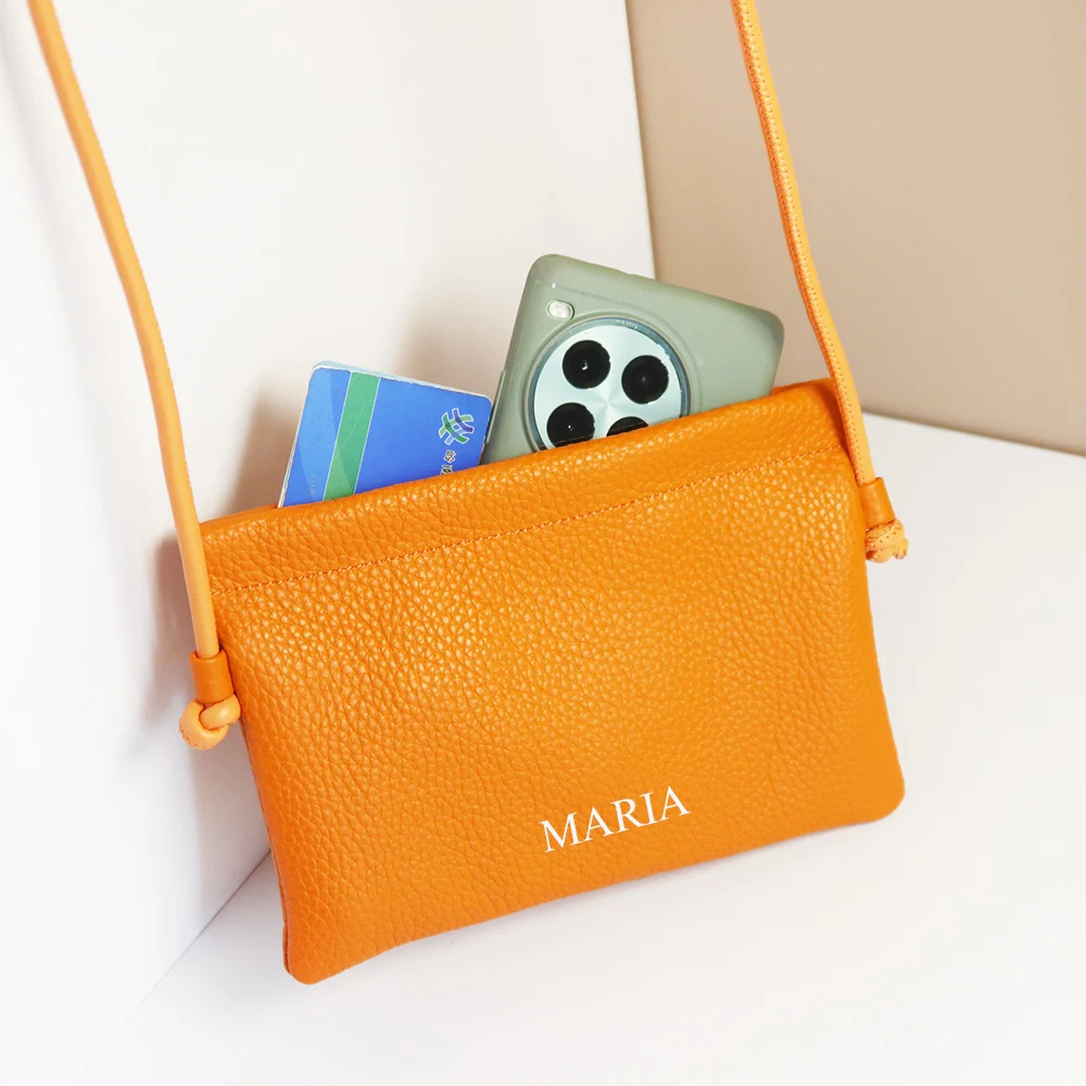 Leisure Slim Women Crossbody Bag Custom Letters Soft Genuine Leather Female Shoulder Phone Pouch Personalize Name Clutch Purse