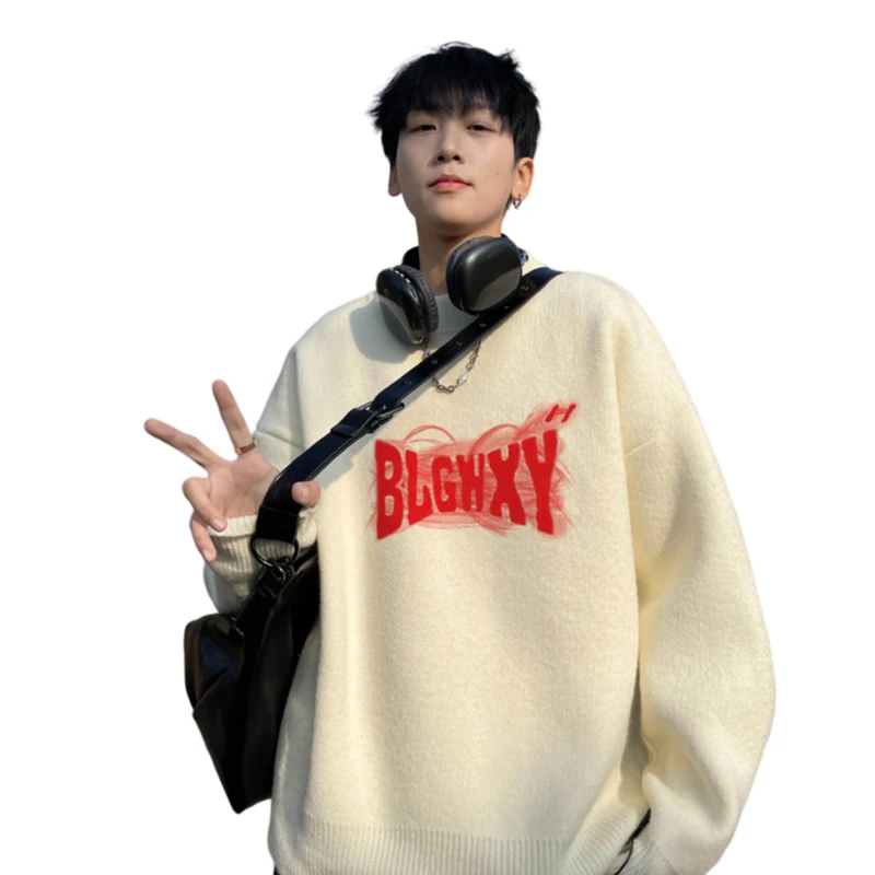 Suéteres de gran tamaño para hombre, suéter de punto blanco de otoño, moda 5XL, ropa informal con estampado de letras para hombre, jerséis de punto, ropa para hombre