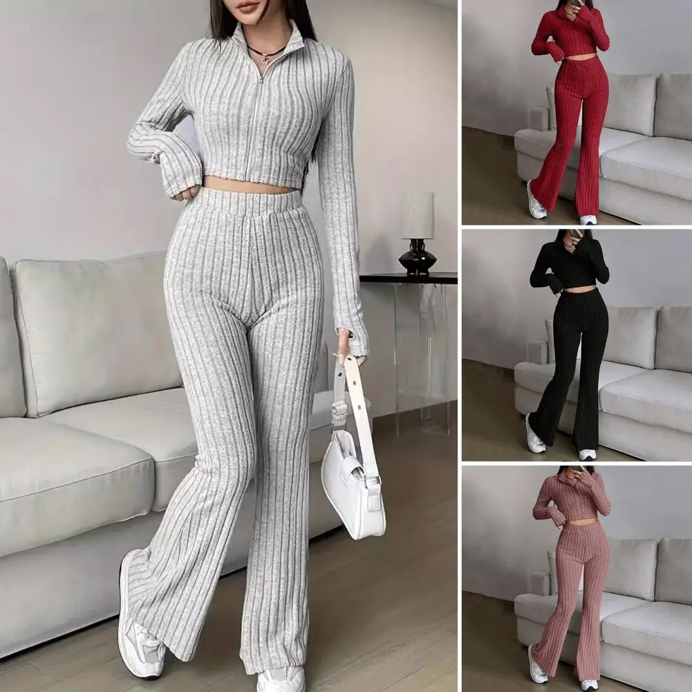 

Daily Clothes Women's Spring Commuting Outfit Flared Pants Set with Zipper Closure Stand Collar Coat High Waist Sport for Daily