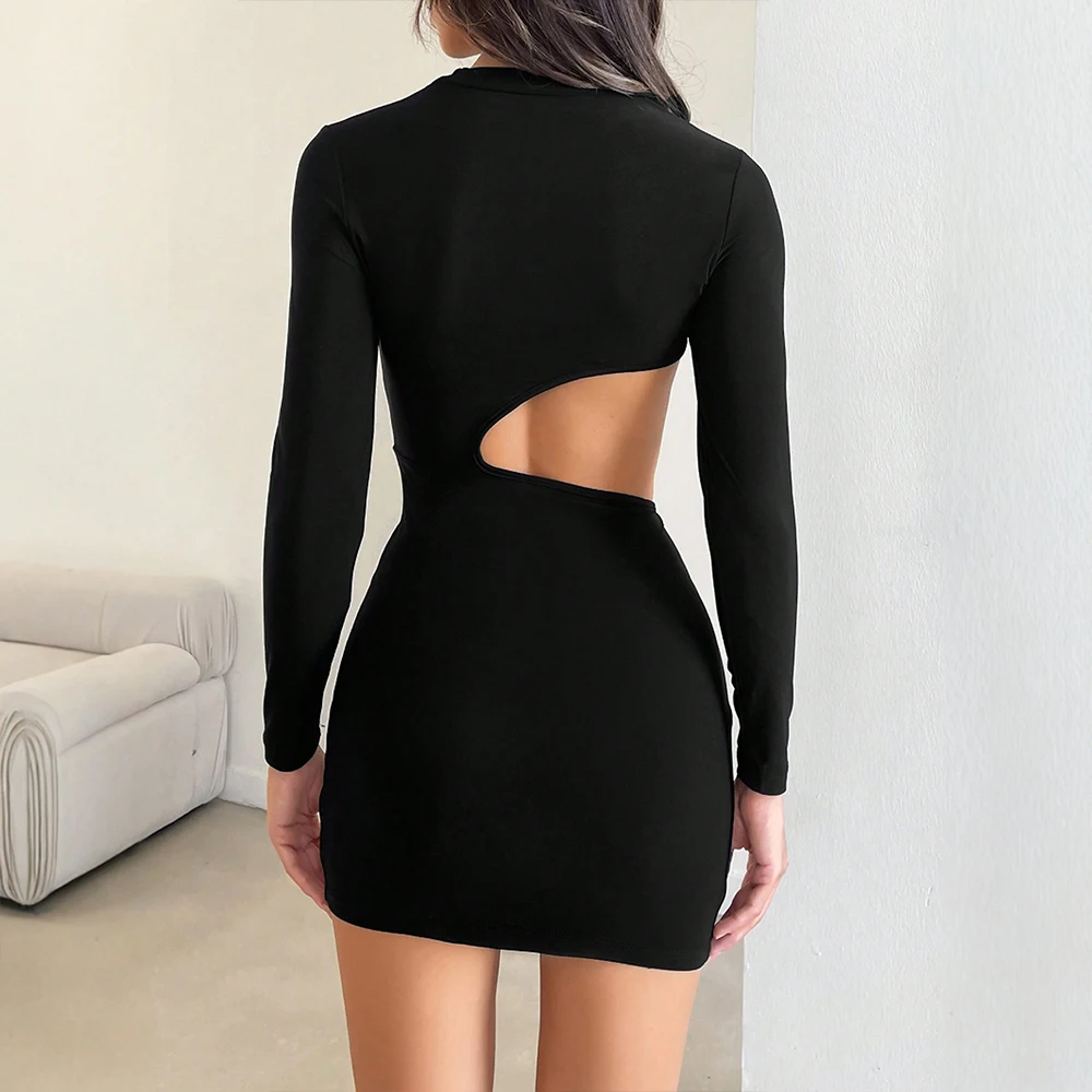 春のフィット感スリムカットアウト長袖クルーネックミニラップストリートウェアワンピース レディース
