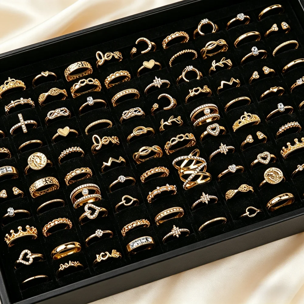 20/30/50Pcs/Lot Elegant Bohemia Heart Moon Rings Set For Women Mix Style Fashion Jewelry For Birthday Daily Wear Wholesale