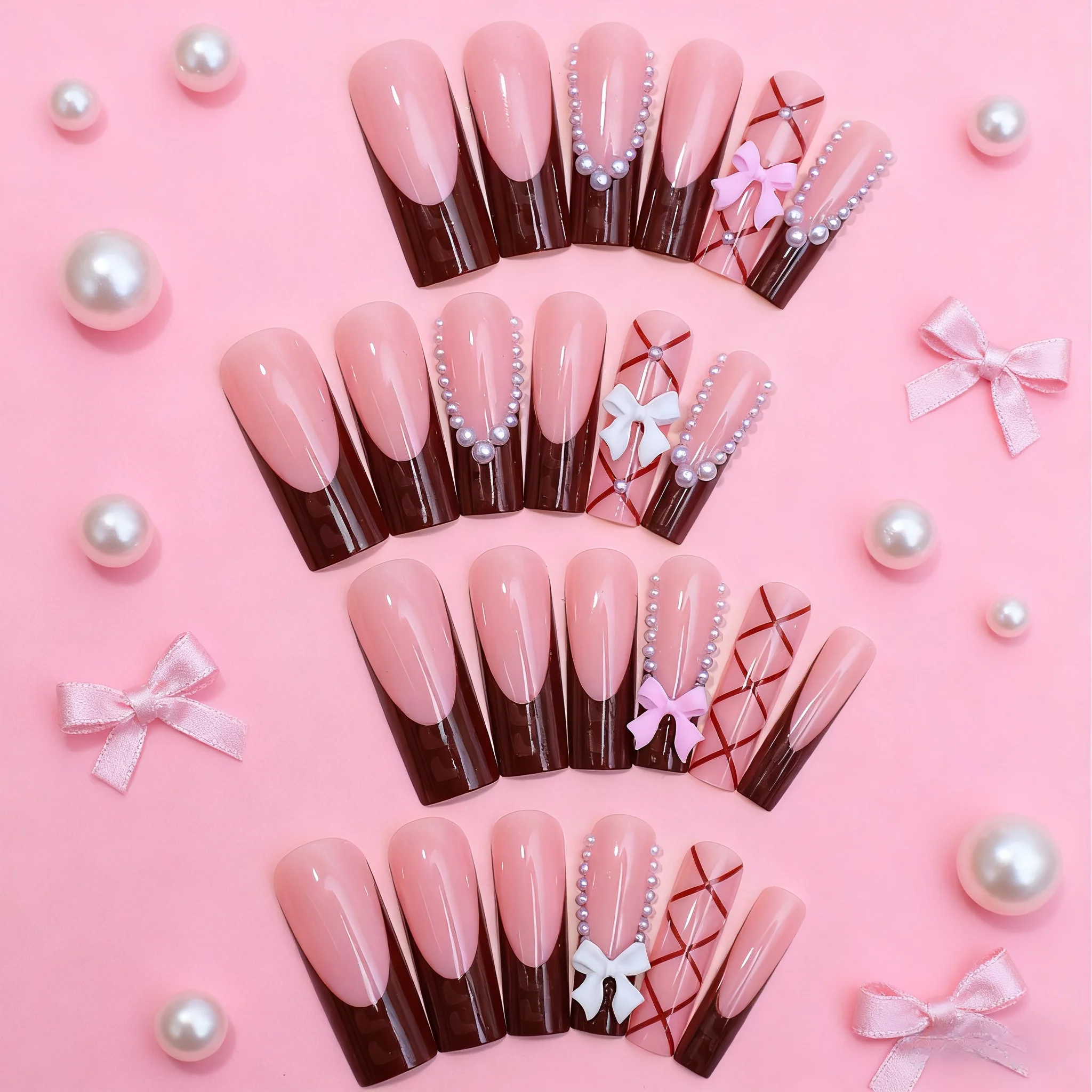 

Милая длинная балерина с полным покрытием, 24 шт., пресс для ногтей, французский бант с жемчугом, накладные ногти, носимые шоколадные типсы для ногтей