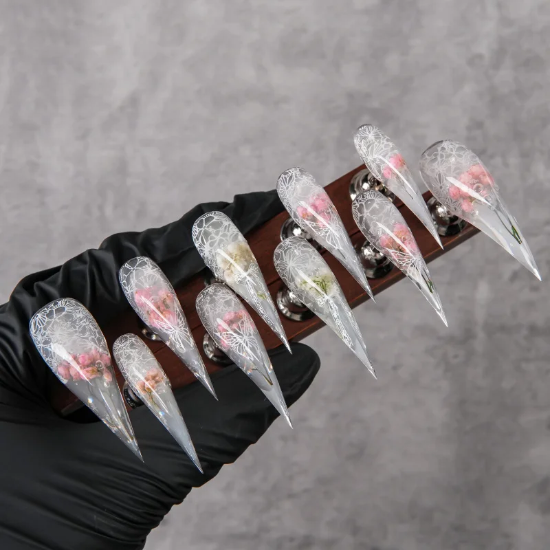 Icy Transparent Lace Dried Flower Dragon Claw Press-On Nails Sharp, ultra-long, fang-like fake nails