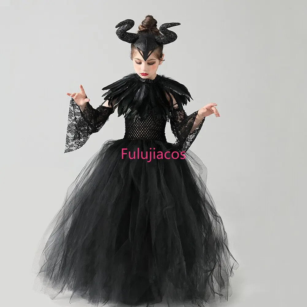 

Fulujiacos 4Pcs Set Maleficent Cosplay Costume Dress Headband Girls Halloween Outfits