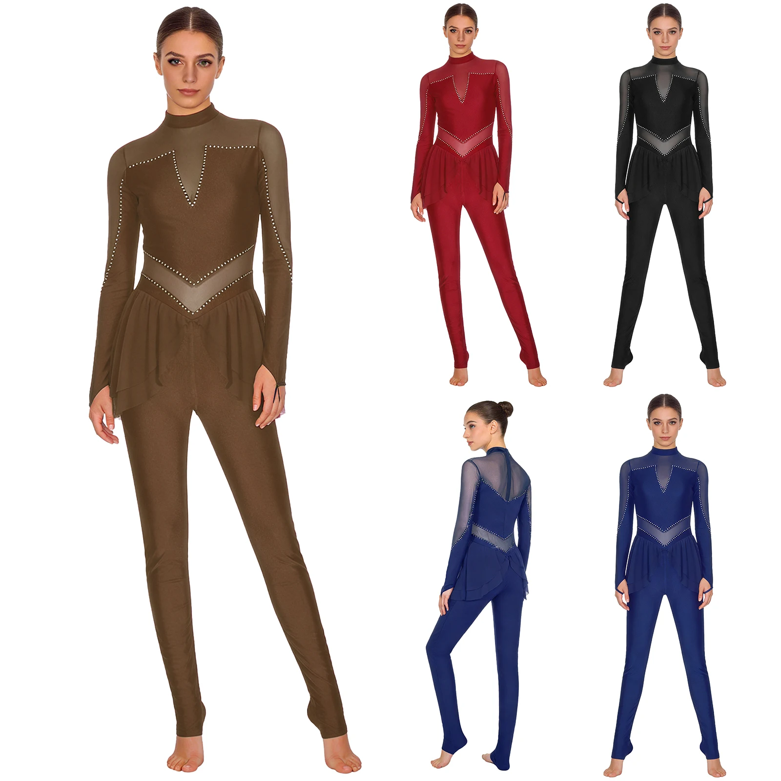 Dames kunstschaats jumpsuit pure mesh patchwork glanzende strass yoga legging met lange mouwen unitard voor gymnastiek dans