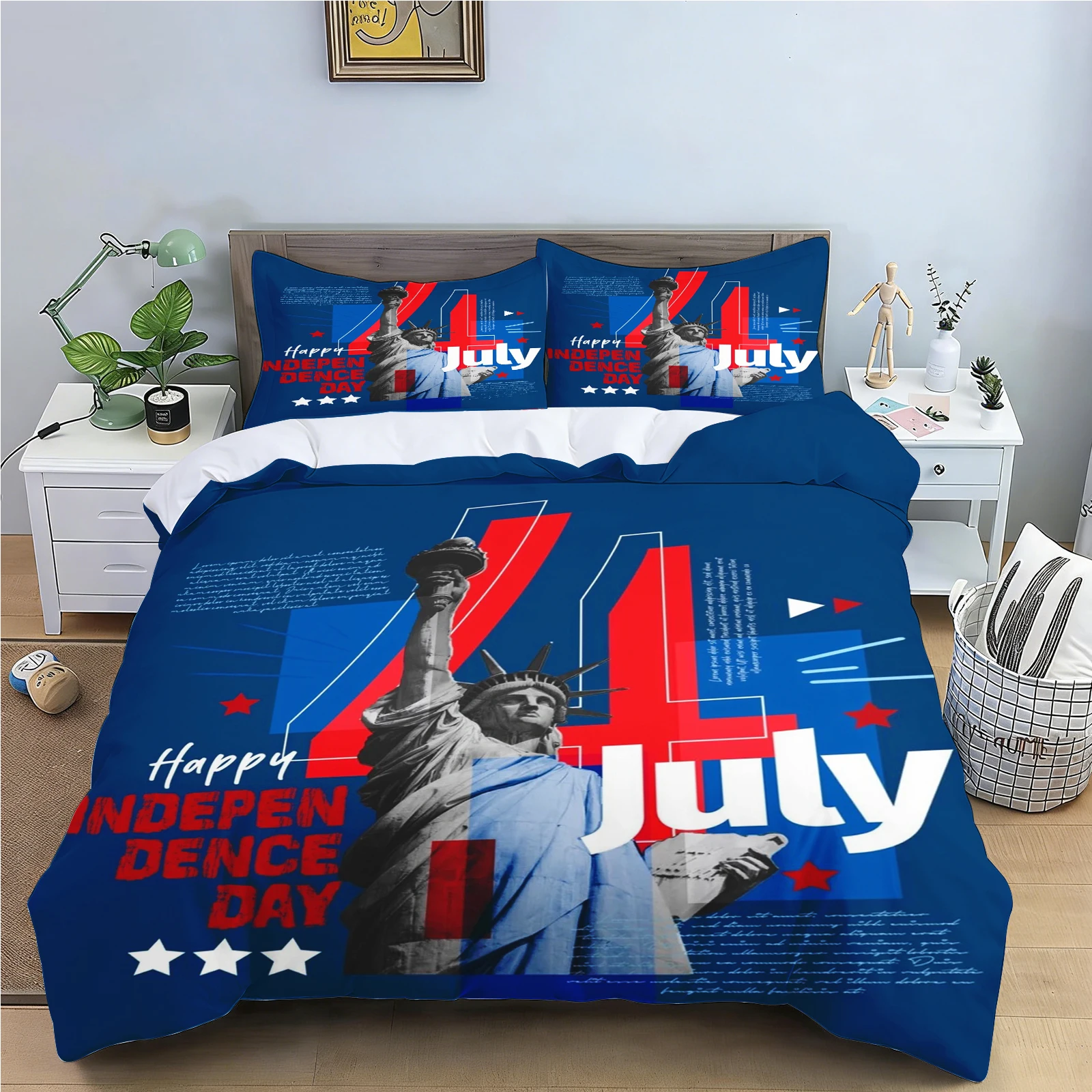 4th of July American Independence Day Bedding Set 3PCS US Flag Print Duvet Cover + Pillowcases for Bedroom Decor