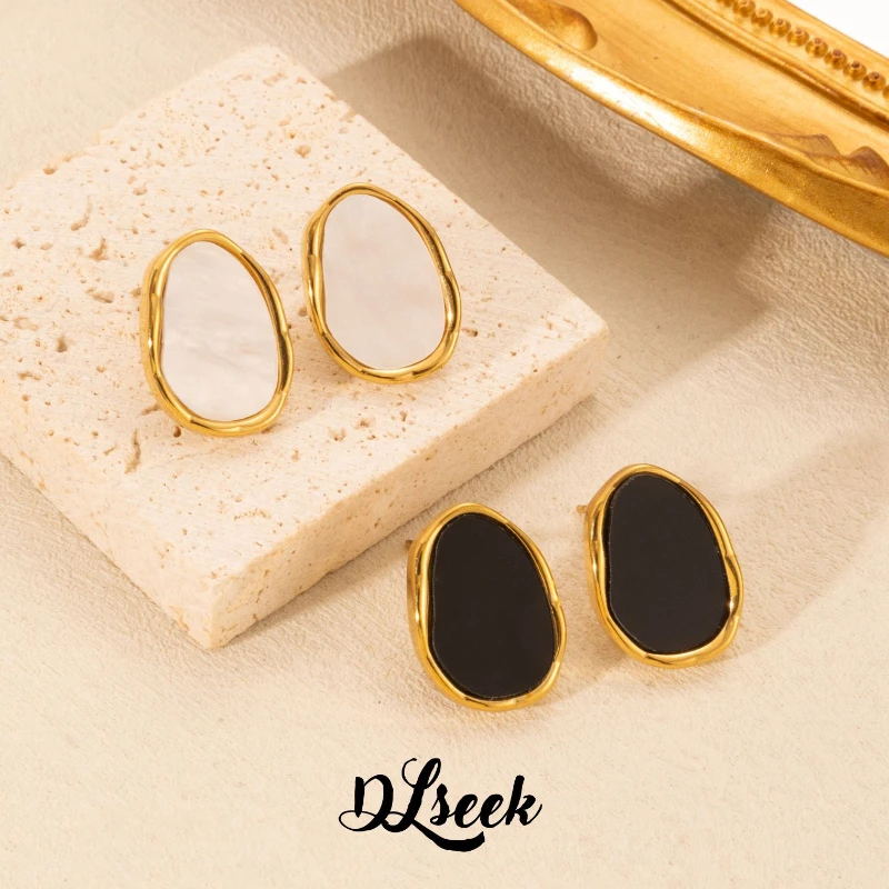 DLseek Classic Black White Irregular Earring Retro Gold Plated Stainless Steel Earrings for Women Elegant Charms Jewelry Gifts