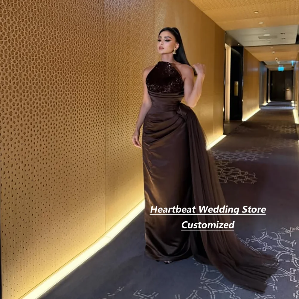 Customized Coffee Strapless Sequin Satin Mother Of The Bride Gown Ruched Mermaid With Tulle Train Formal Evening Dress