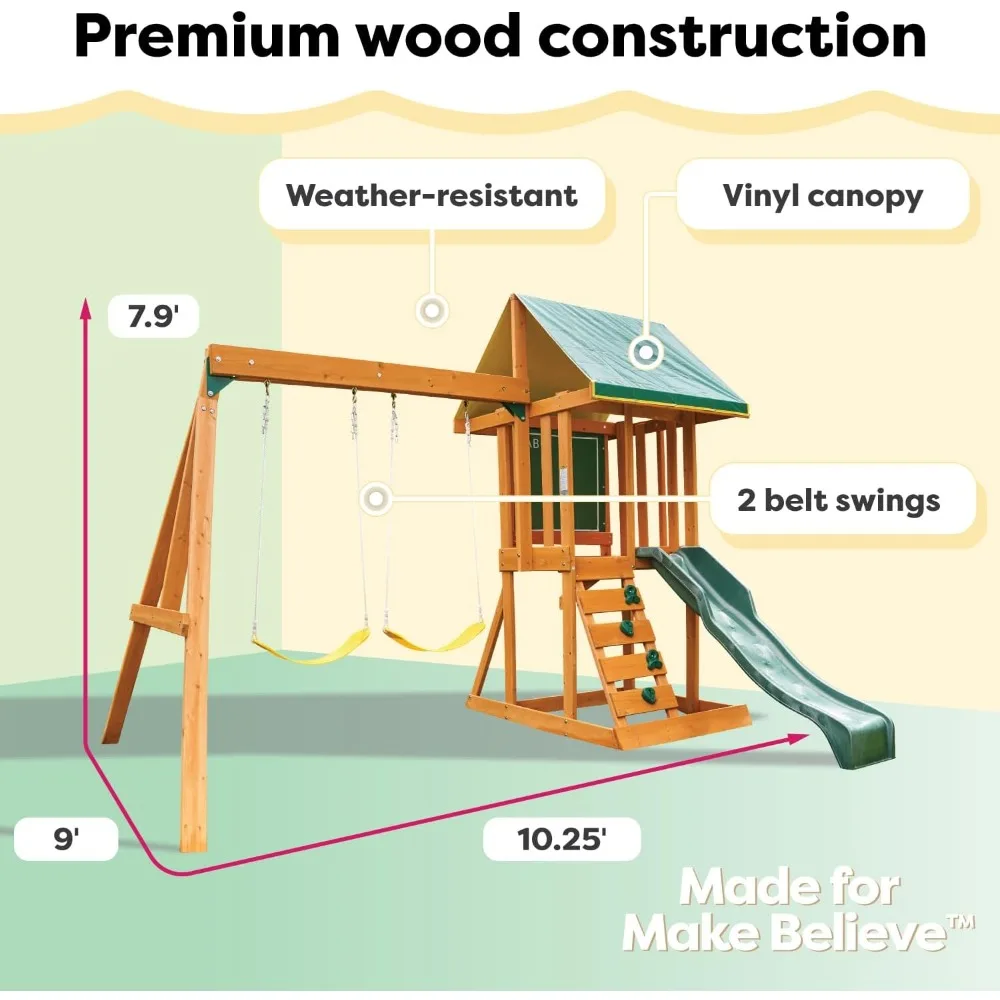 Wooden Swing Set pre-treated with a water-based stain that includes UV and mold protection to hold up against the elements