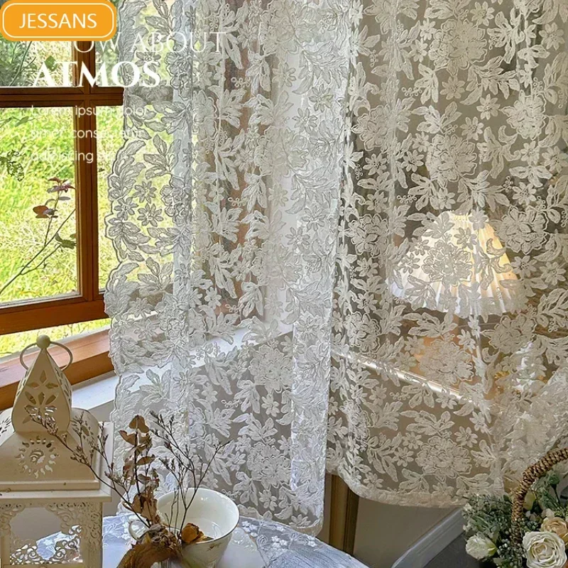 Off White Flower Lace Embroidered Window Curtains for Living Room Bedroom French Window Finished Screen Curtain