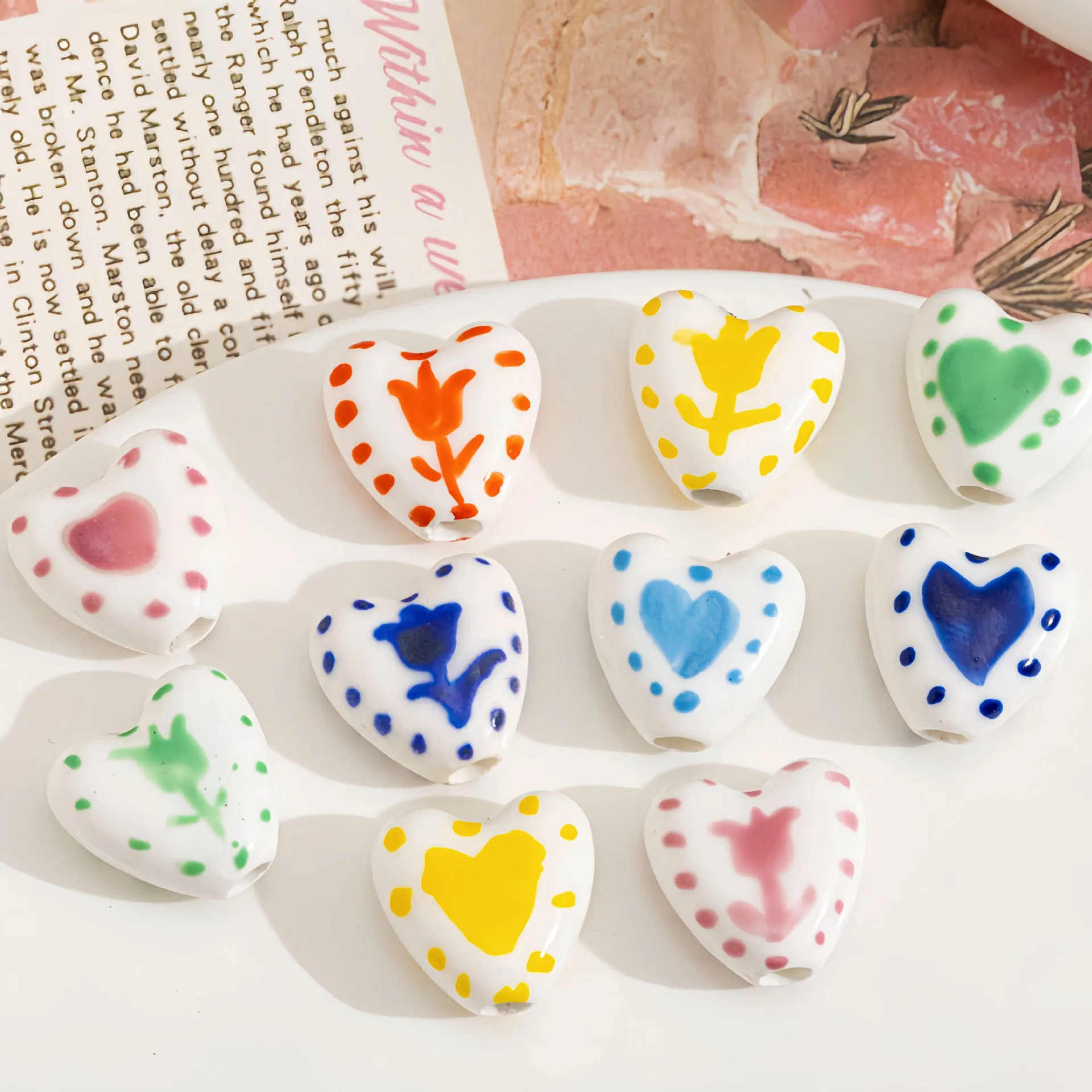 5pcs Double Sided Heart Shape Ceramic Beads Small Spacer Hand-Painted Flower Beads For DIY Jewelry Making Necklace Bracelet Gift