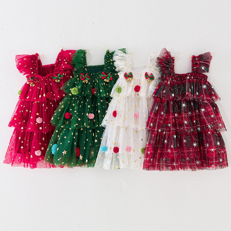 

Girls Christmas Party Stars Mesh Fluffy Tulle Layered Princess Dress Toddler Fairy Shiny Festival Frocks Kids Birthday Clothes