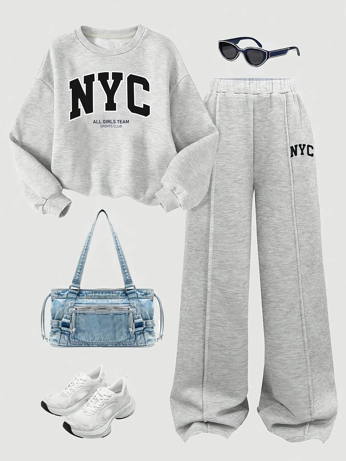 Mädchen-Herbst-Freizeitoutfit, Kinder-Set in Uni-Grau, Zweiteiliges Set aus Rundhals-Sweatshirt und Langer Hose für Mädchen, geeignet für 7-Jährige. – Detail 2