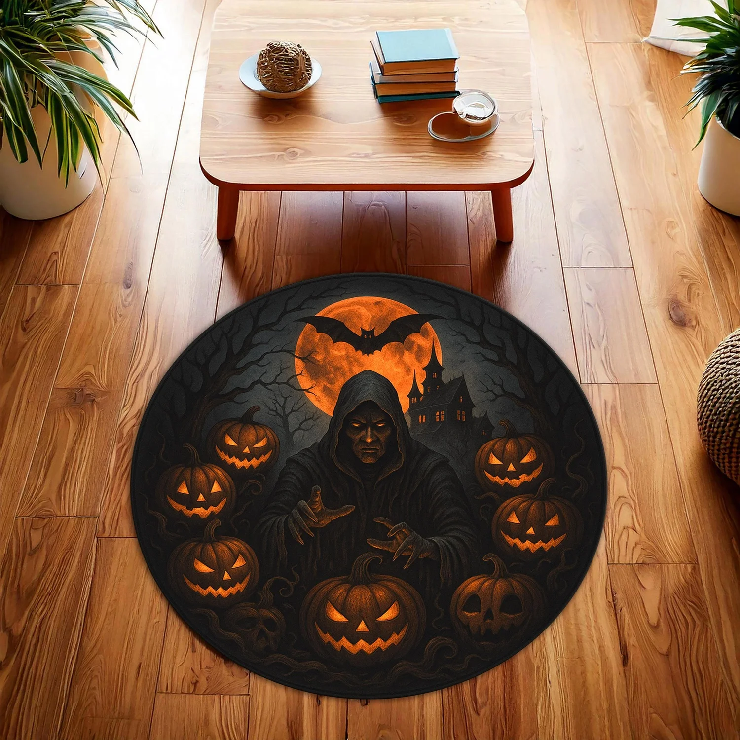 Dark Halloween Round Rug – Grim Reaper with Hood, Pumpkins and Bats – Gothic Witch Style Rug, Perfect for Haunted Houses or Horror Decorations