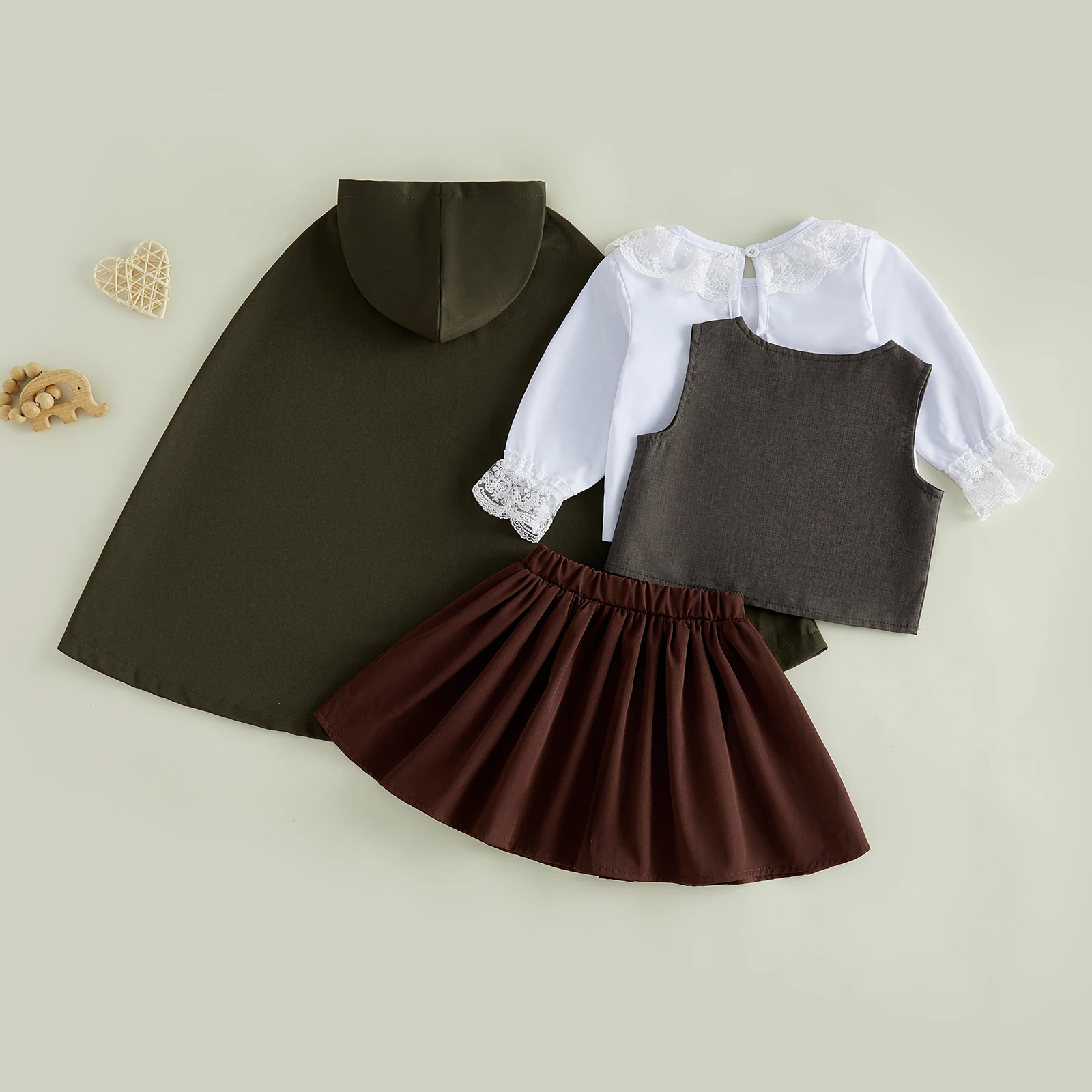Toddler Girl Renaissance Outfit 4 Piece Set Green Hooded Cape Brown Vest and White Tops Skirt Halloween Medieval Costume view 3