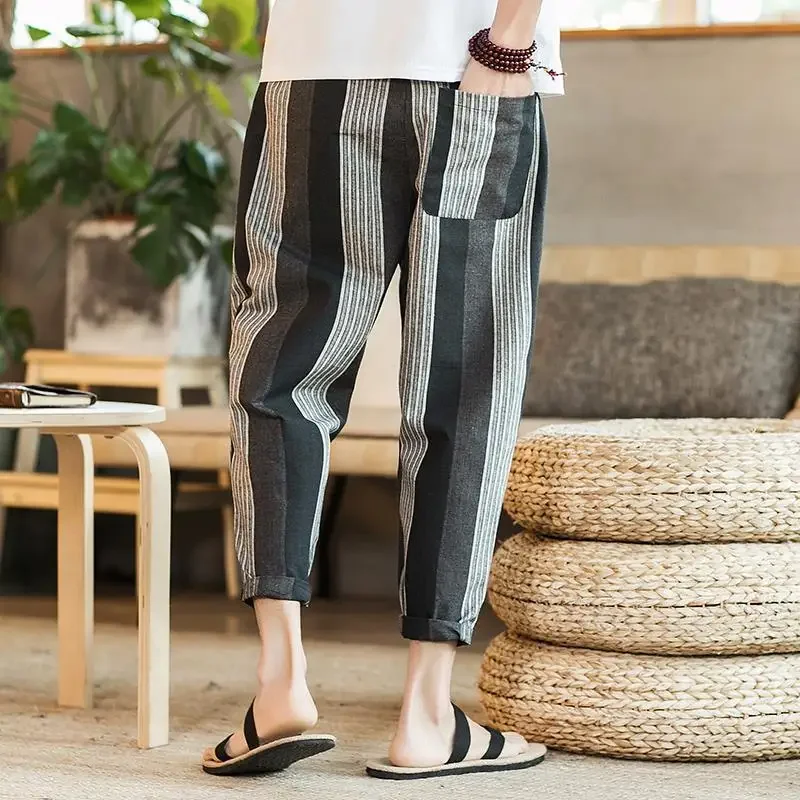 Baggy Plaid Male Trousers Check White Thin Summer Linen Slim Fit Cropped Loose Korean Style Big Size Trend Men's Casual Pants