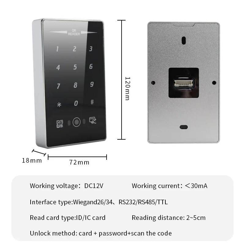 125 кГц ID RFID Wiegand считыватель QR-кода Контроль доступа Сенсорная клавиатура Водонепроницаемый считыватель QR-кода Поддержка интерфейса RS232 485