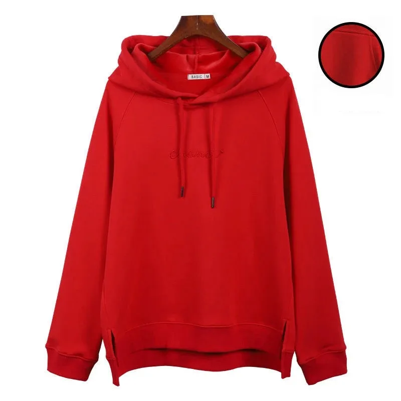 Women's Solid Color Embroidered Hoodie 2024 Spring and Autumn New Fashion Brushed Thickened Pullover Single Piece Top