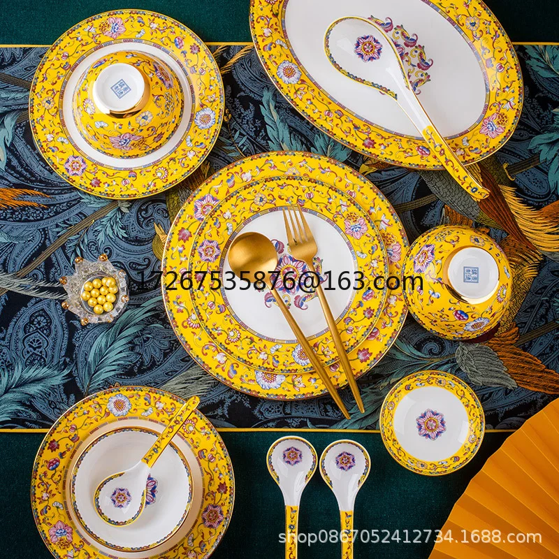 

Luxury Chinese enamel color dishes set, household bone china tableware, high-end household dishes, gifts