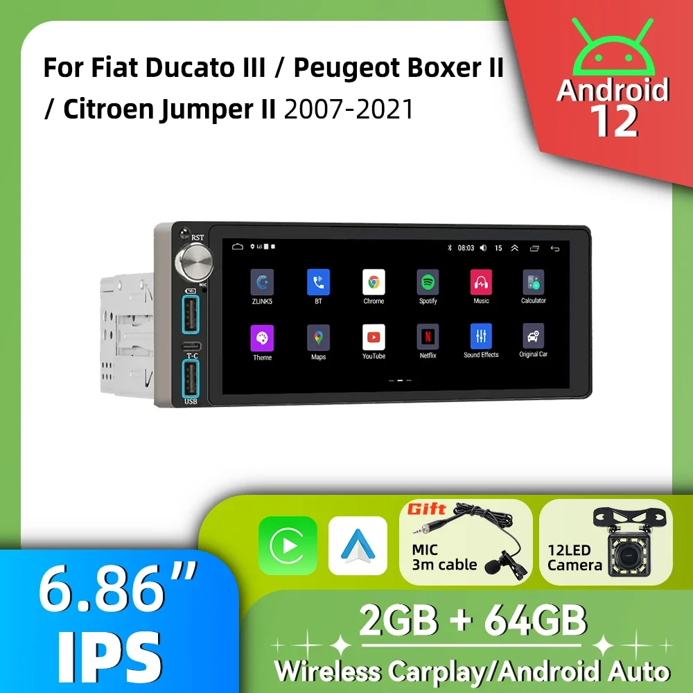 

Автомобильный радиоприемник 1 Din, авторадио, Android, мультимедиа для Fiat Ducato III Peugeot Boxer II Citroen Jumper II 2007-2021, 6,86 дюйма, Carplay GPS