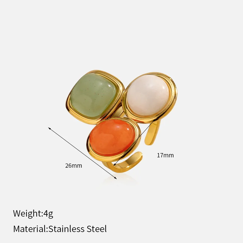 Gold Open Cuff Ring Three‑Color Natural‑Look Gemstone Statement Adjustable Finger Jewelry