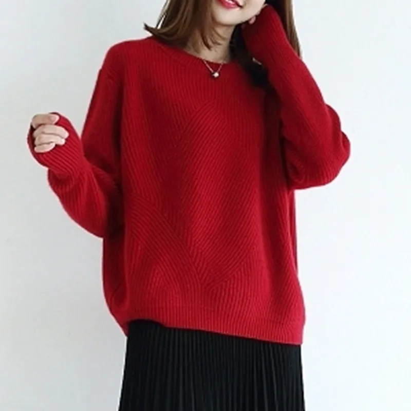 

Autumn Winter New Round Neck Pullover Sweater Simple Lazy Solid Color Loose Plus Size Knitted Base Shirt Women Trendy