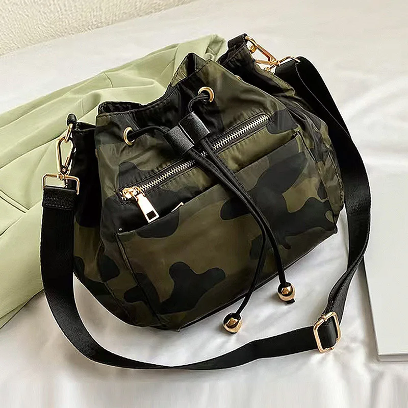 

Sporty, Simple and Stylish Camouflage Green Large-Capacity Drawstring Shoulder Crossbody Bag for Women