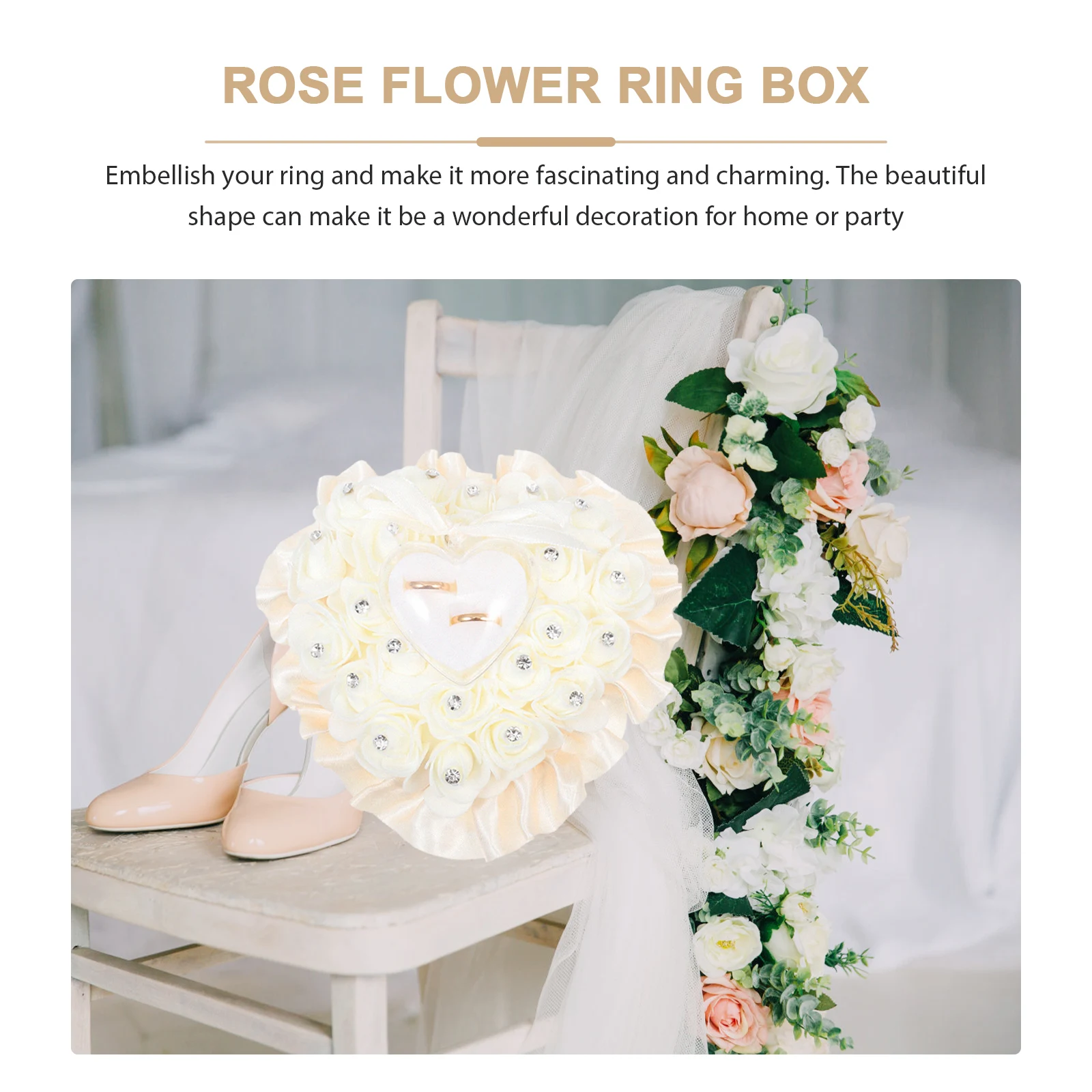 

Ring Pillow Wedding Ring Holder Heart Shaped Transparent Box Rhinestone Adornment Elegant Ceremony Gift Romantic Rose for Party