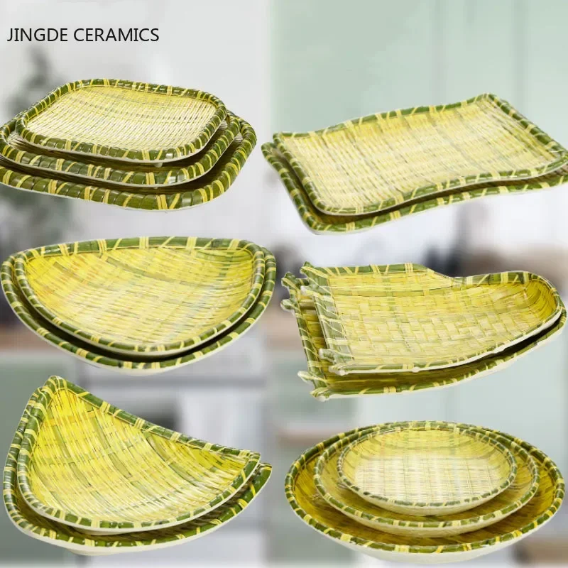 Creative bamboo weaving dustpan plate thick special-shaped rattan handmade straw designer model house fruit snack plate bowl
