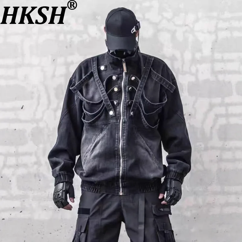 

HKSH American Dark Washed Padded Shoulder Distressed Denim Jackets Men Spring Autumn New Safari Style Stand Collar Coats HK9780