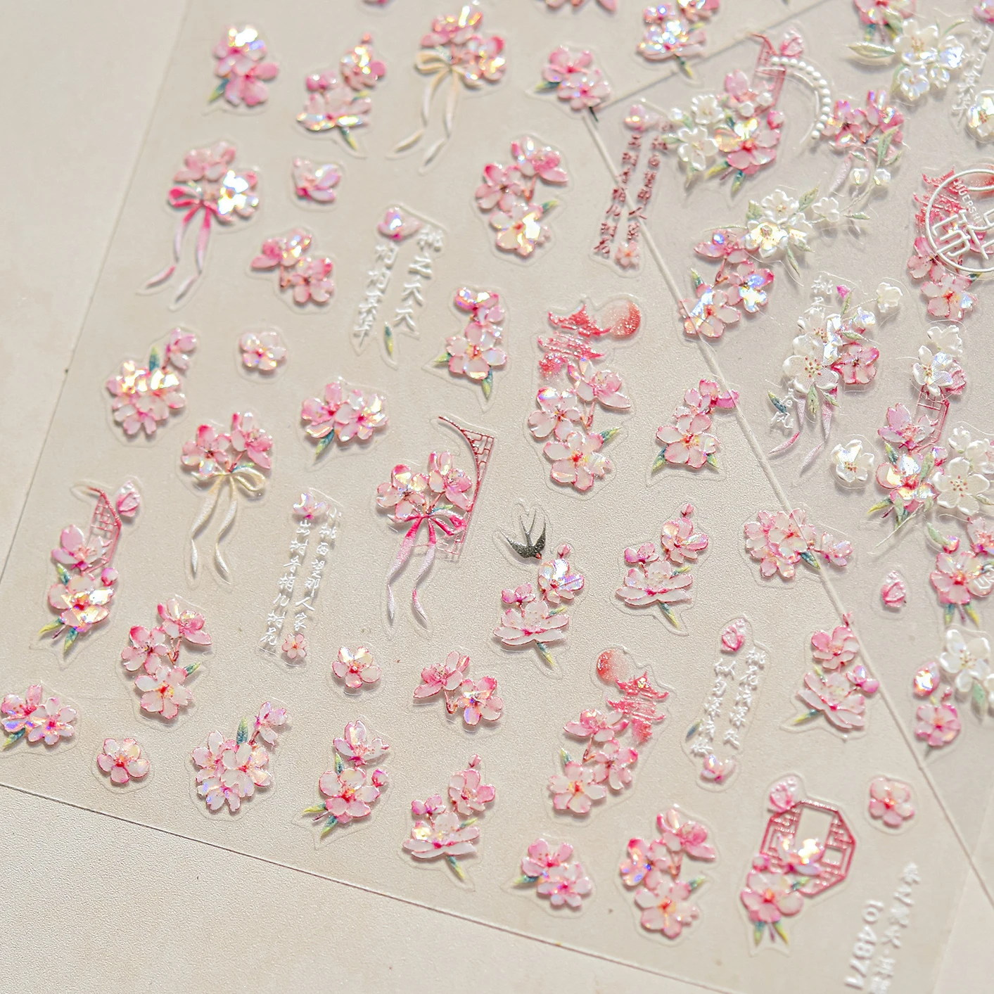 Pink Peach Blossoms Lily of The Valley Pear Flower Bowknot Butterfly Spring Colorful Nail Art Stickers Rhinestone Manicure Decal