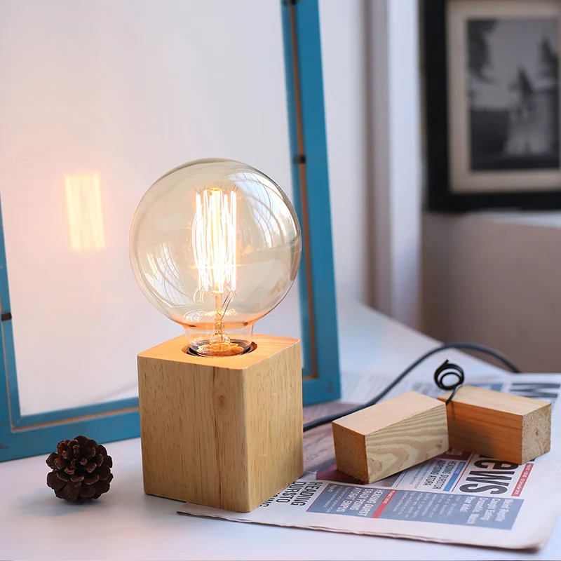 2pcs Retro Wood Table Lamp Polyhedron E27 Desk Lamp EU Plug Living Room Bedroom Bedside Lamp Decor Wooden Base Table Light