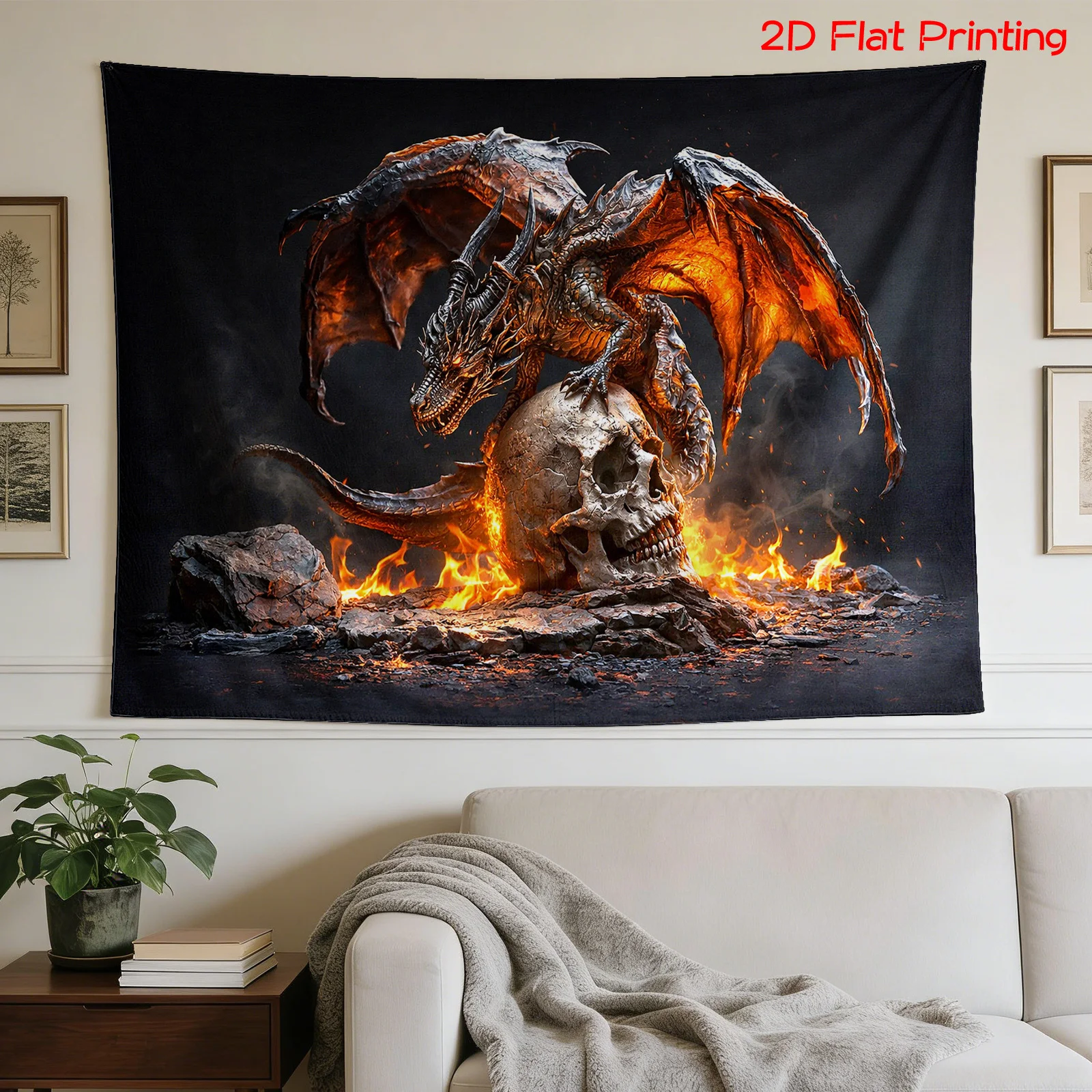 2D Flat,1pc Printed Tapestry, Fire Dragon & Skull Pattern, Gothic Wall Decor, for Living Room,Bedroom