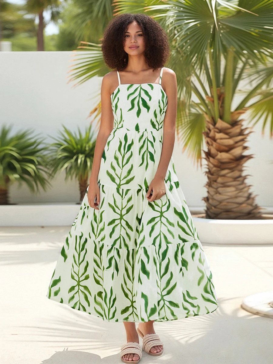 Abito lungo senza maniche con stampa floreale con scollo quadrato e orlo arricciato a strati Abito a trapezio senza schienale per donna