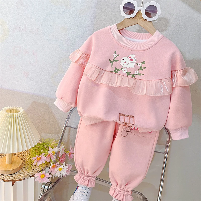 Baby Girls T Shirt Pants 2 Piece Suit Children Clothing Sets Cartoon Rabbit Lace Infant Clothes Outfits Kids Princess Costumes