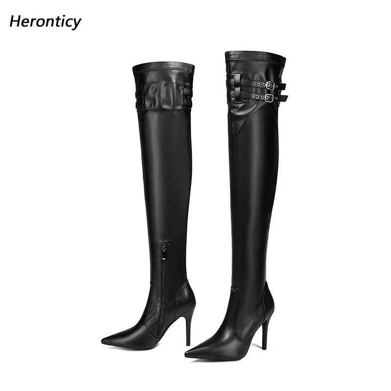 

HeronticyWomen's Black Leather Over The Knee Boots - Pointed Toe Stiletto Heels with Buckle Straps and Side Zip Size 36-45