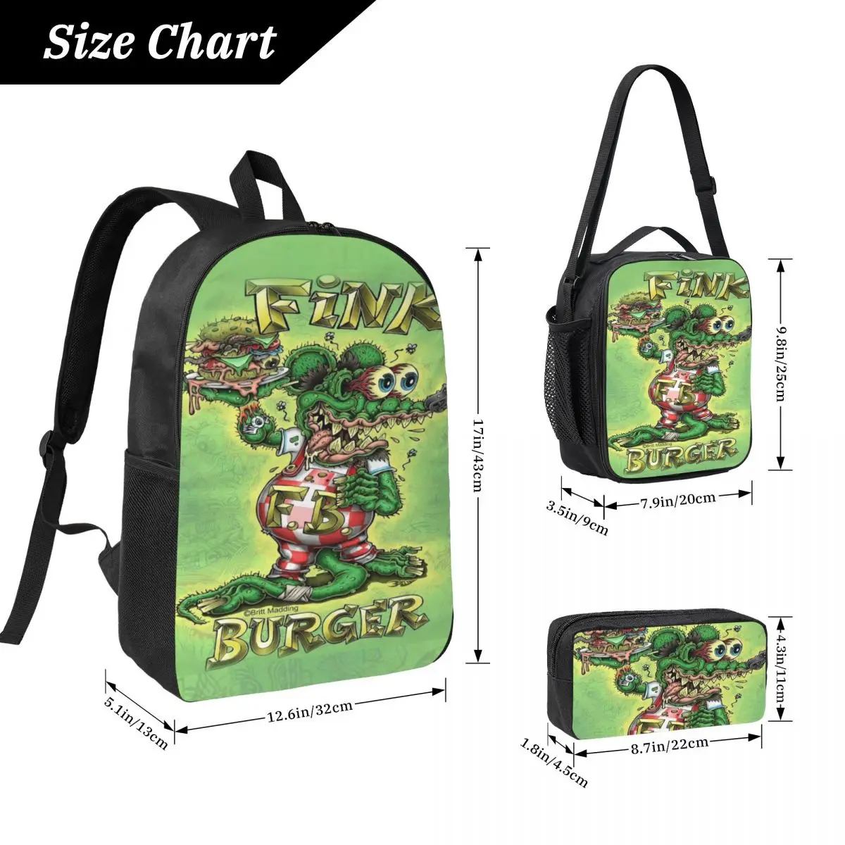 3Pcs Rat Fink merch Backpack Set for Children Pencil Boxes Bookbag Sets with Lunch Box For School Students Knapsack