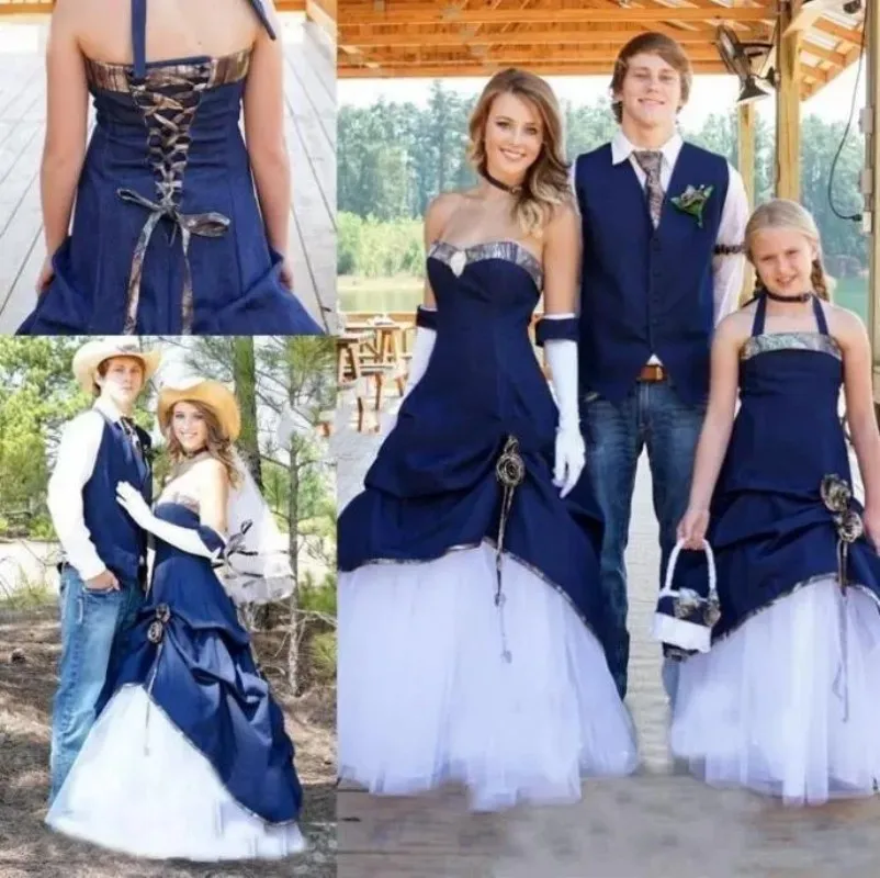 Country Cowboy Camo Wedding Dresses 2023 Navy Blue  A Line Pleats Sweetheart Lace Up Back Ruffles Cowgirl Bridal Gowns Custom